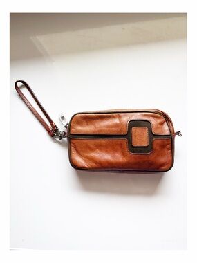 Angela Adams Leather Wristlet Clutch Brown Geometric Design Removable Strap